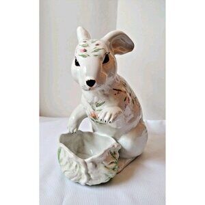 White Floral Bunny Cabbage Leaf Hand Painted Made In Italy#2126 12"X8x7